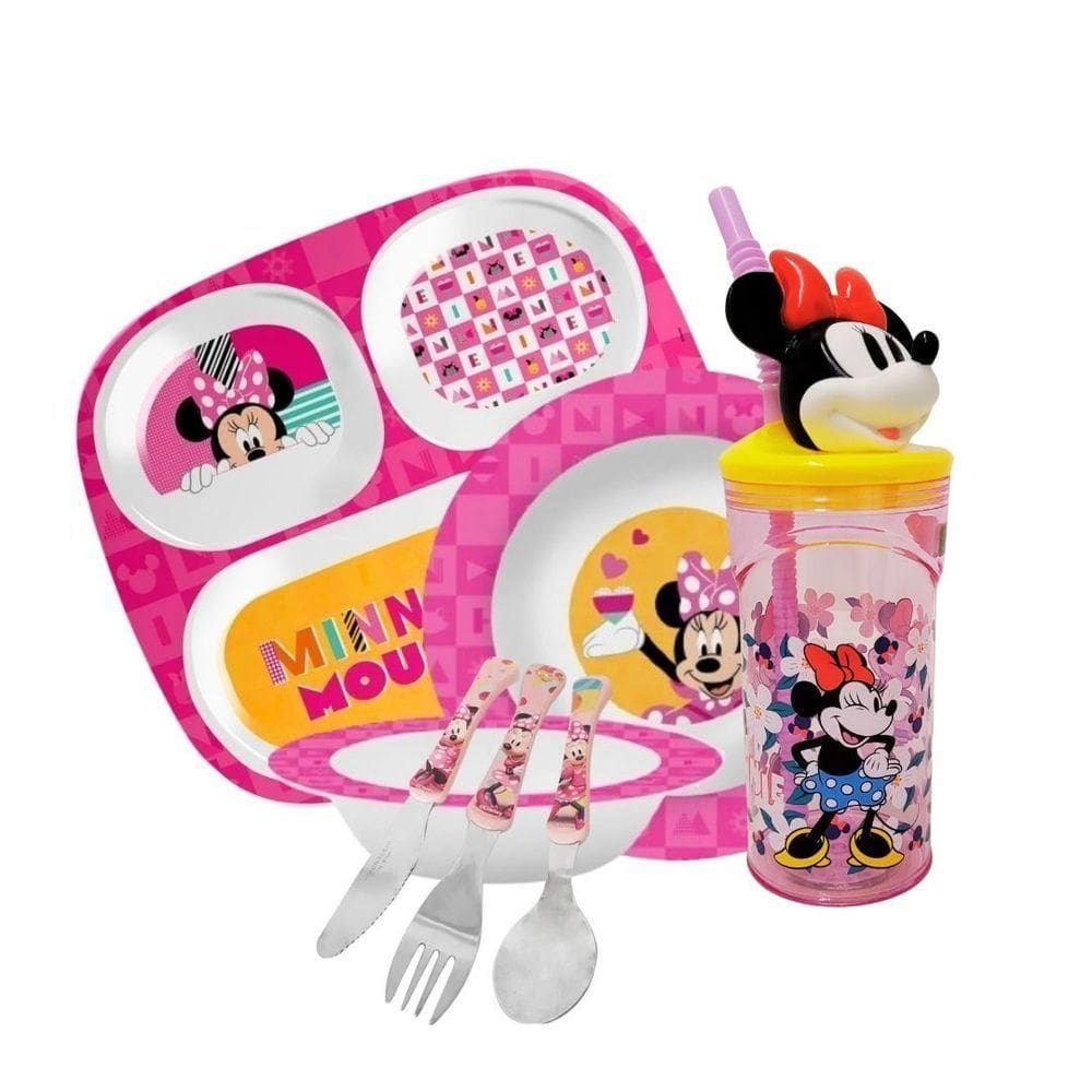 Kit Refeição Infantil Minnie 7 Peças Melamina, Copo 3d E Talheres Inox