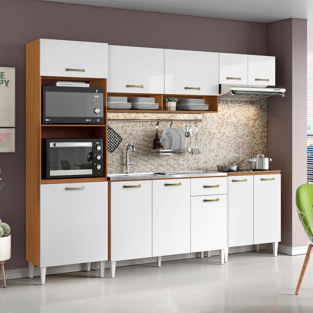 Cozinha Compacta Atenas com Balcão 120cm sem Tampo e Balcão 70cm Cinamomo Branco Aramóveis