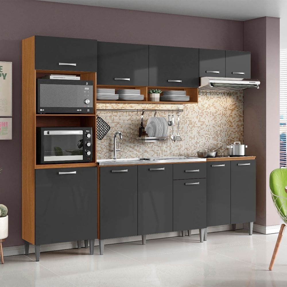 Cozinha Compacta Atenas com Balcão 120cm sem Tampo e Balcão 70cm Cinamomo Grafite Aramóveis