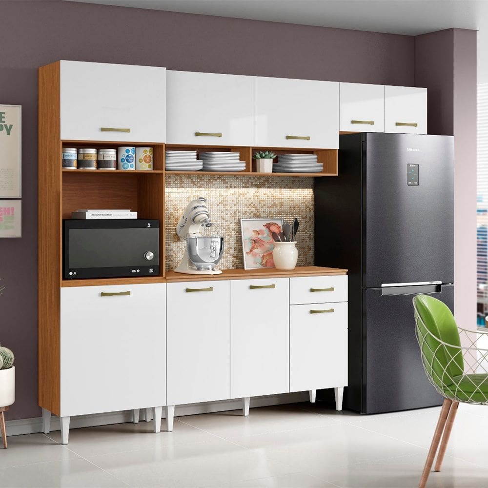 Cozinha Compacta Aurora com Balcão 120cm com Tampo Cinamomo Branco Aramóveis