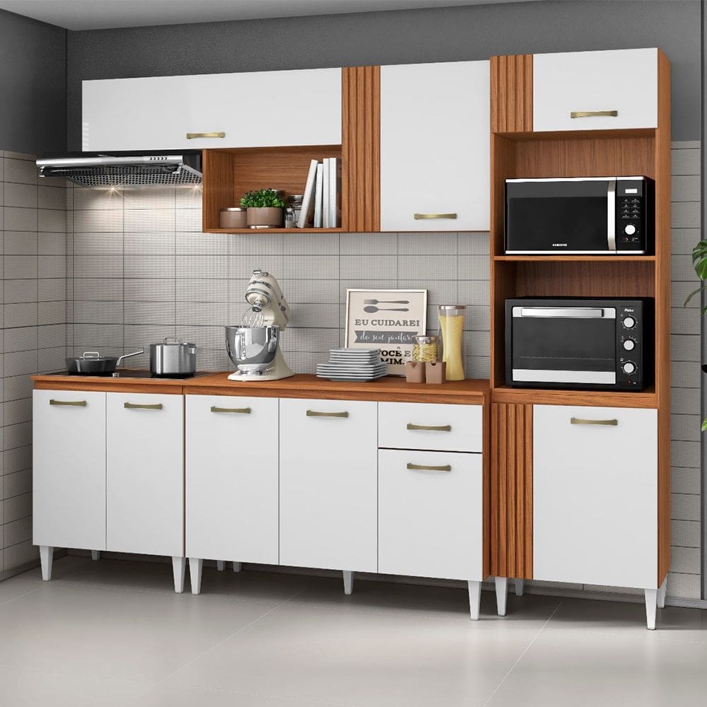 Cozinha Compacta Vitória com Balcão 120cm com Tampo e Balcão 70cm Cinamomo Branco Aramóveis