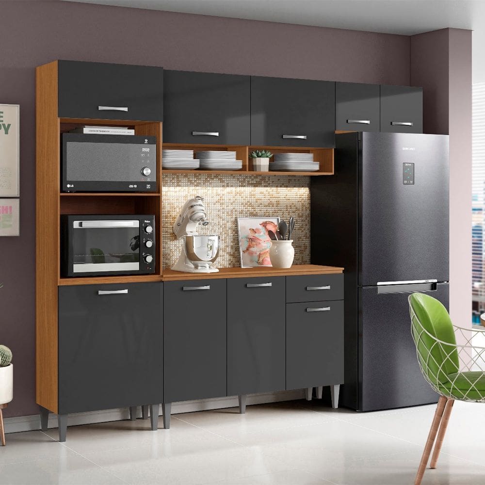 Cozinha Compacta Atenas com Balcão 120cm com Tampo Cinamomo Grafite Aramóveis