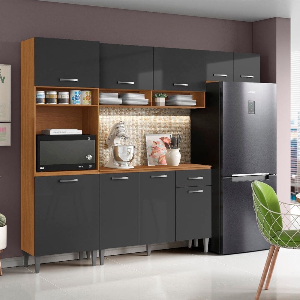 Cozinha Compacta Aurora com Balcão 120cm com Tampo Cinamomo Grafite Aramóveis