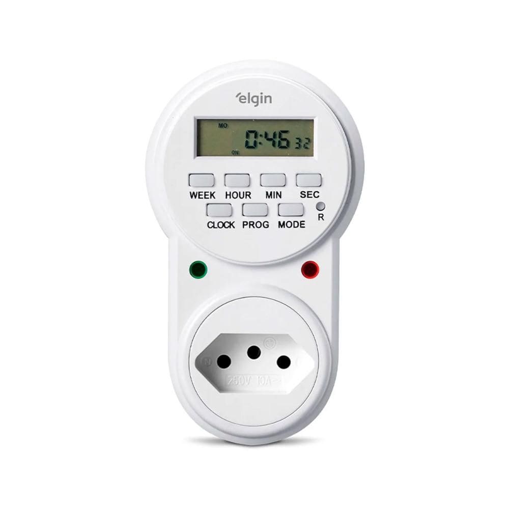 Timer Temporizador Digital Bivolt - 10A - 2P+T - 10 Programações - Proteção IP20 - Elgin