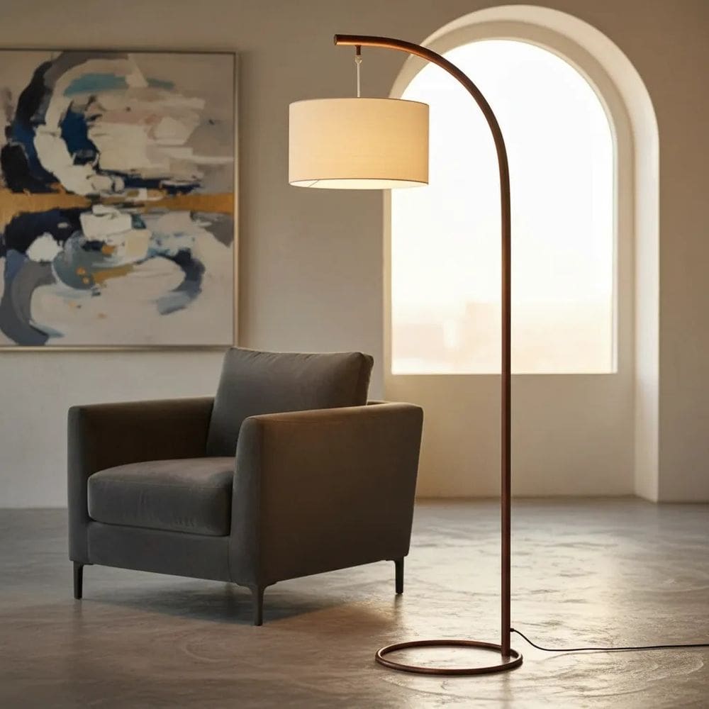 Luminária de Chão Abajur de Piso Lauren Cúpula Cilíndrica Linho Moderno