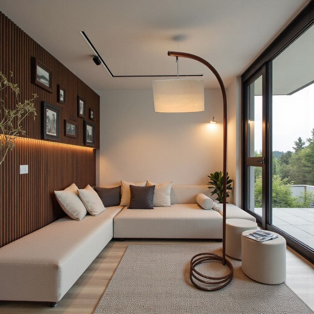 Abajur de Piso Luminária de Chão Rio Cúpula Linho Palha Moderno em Metal