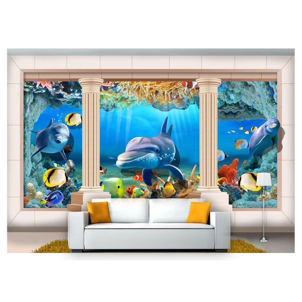 Papel De Parede Vida Marinha Golfinhos Mar 3D Fm90