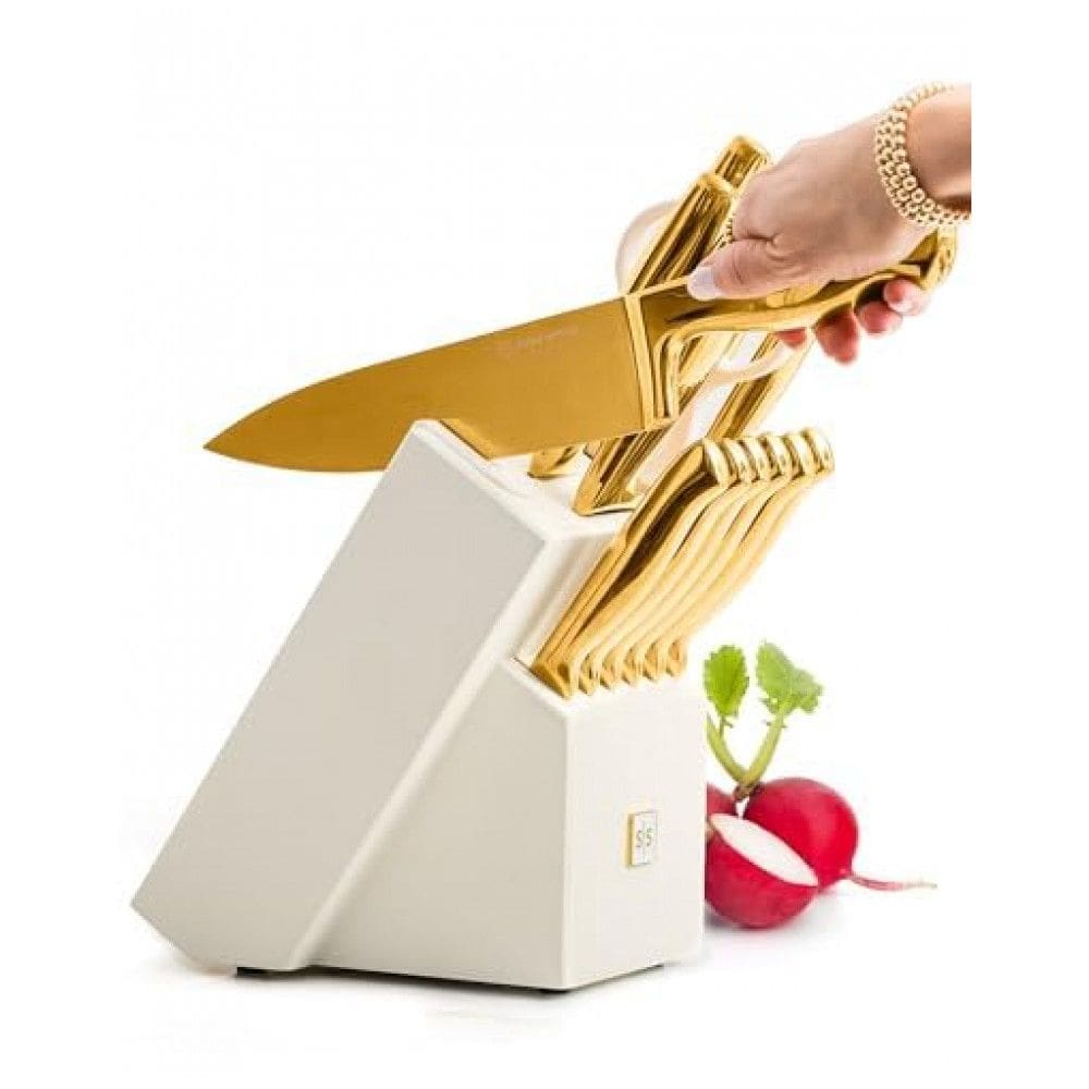 Conjunto de Facas STYLED SETTINGS em Aço Inoxidável com Bloco de Bancada e Afiador Embutido, 14 Peças, Dourado e Branco