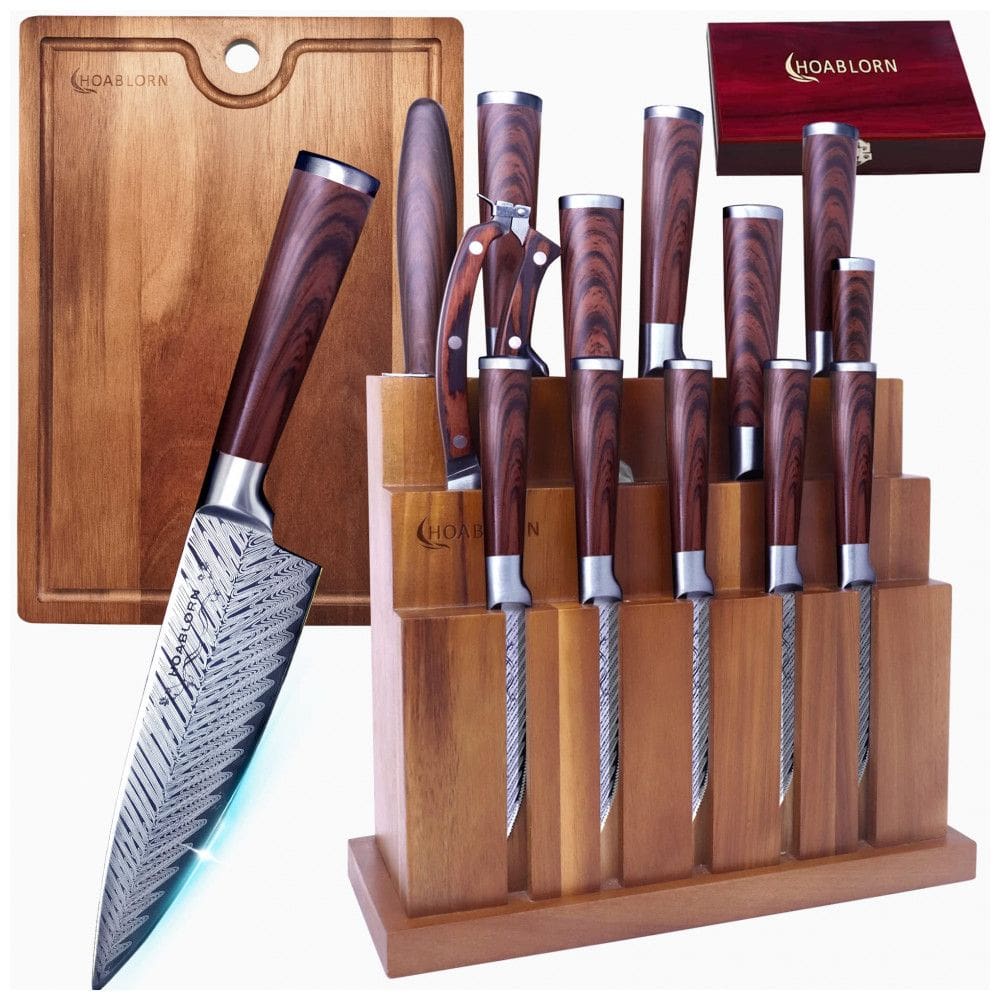HOABLORN Conjunto de Facas com Bloco de Bancada Multinível, 15 Peças, Marrom