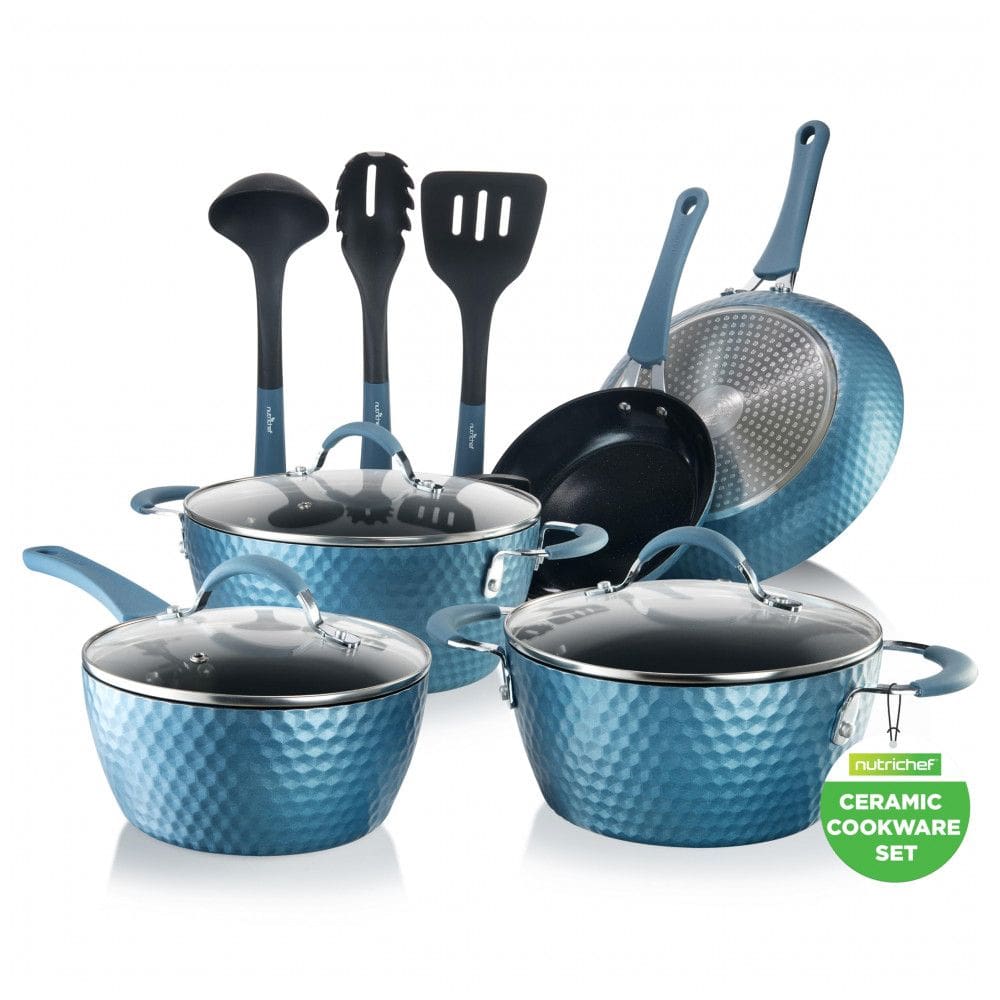 Conjunto de Panelas e Frigideiras Antiaderentes em Alumínio com Utensílios, 11 Peças, NutriChef, Azul Royal
