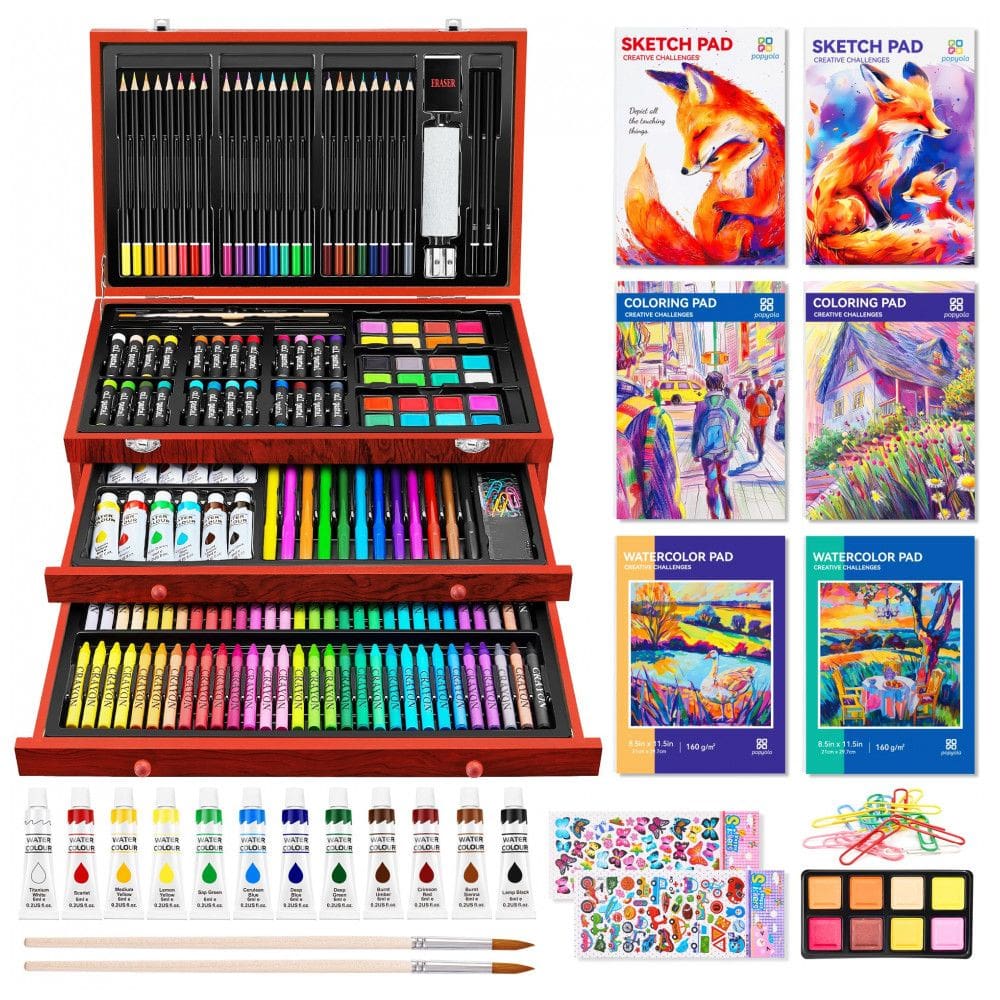 Kit Lápis de Cor Profissional com Maleta de Madeira 185 peças e 2 Livros de Esboço, POPYOLA, Marrom