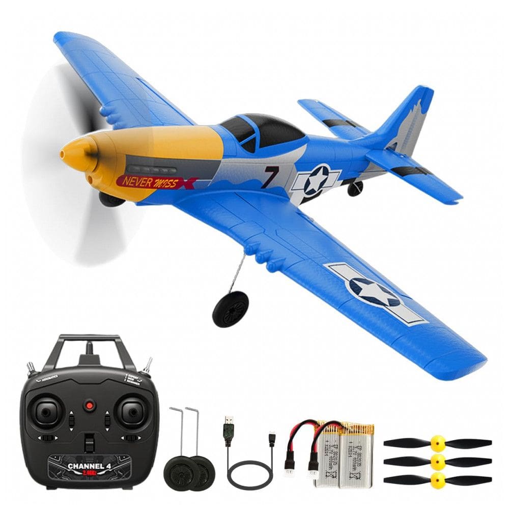 Avião de Controle Remoto com Acessórios, Sistema de Estabilização Xpilot de 6 Giroscópios, RoofWorld P-51 Mustang 76105, Amarelo e Azul