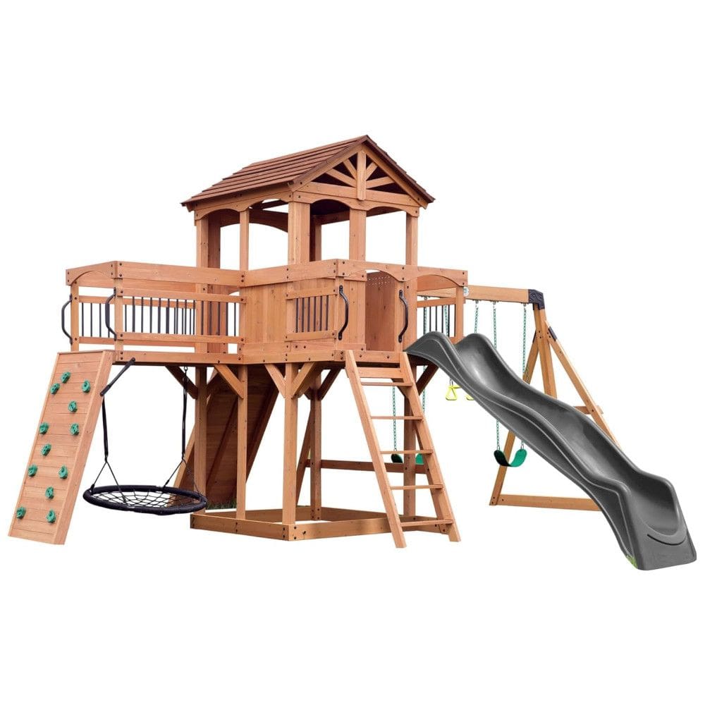 Playground Infantil de Madeira com Parede de Escalada, Varanda, Ponte, Escorregador, 2 Balanços de Cinto e 1 Balanço de Teia