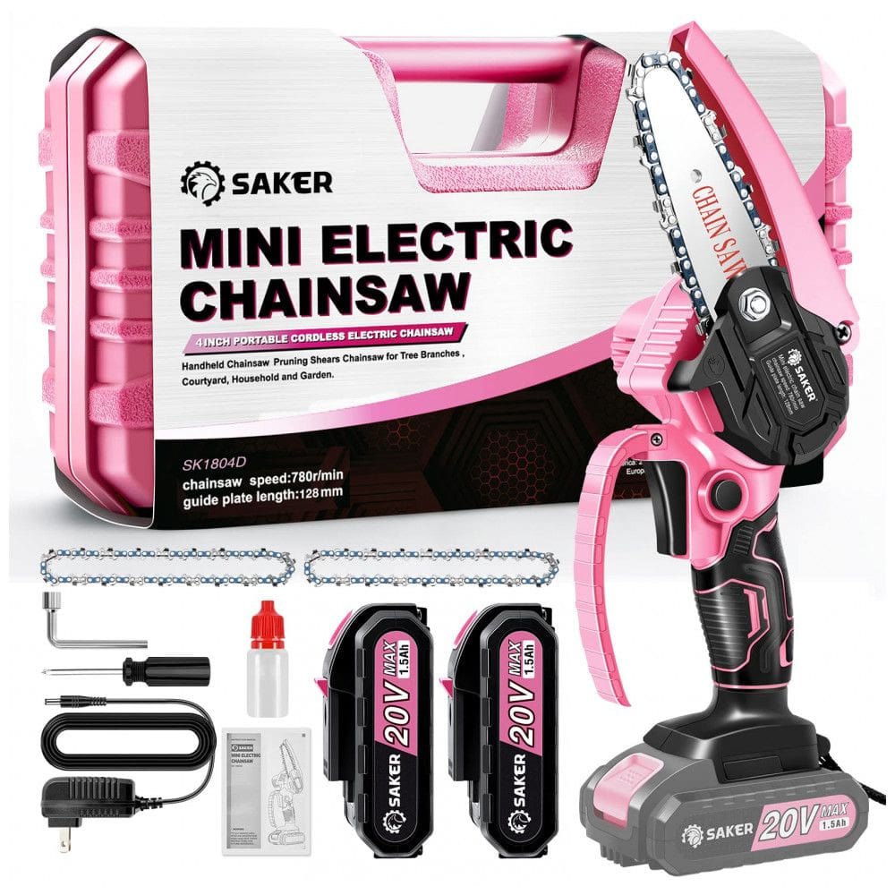 Motosserra Elétrica Portátil sem Fio para Poda de Galhos com 2 Baterias 20V e 3 Correntes, Saker, Rosa