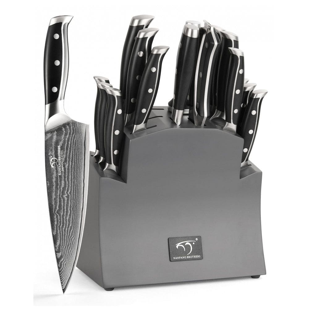 Conjunto de Facas com Bloco de Bancada, Afiador Embutido e Cabo Ergonômico, 16 Peças, NANFANG BROTHERS, Preto