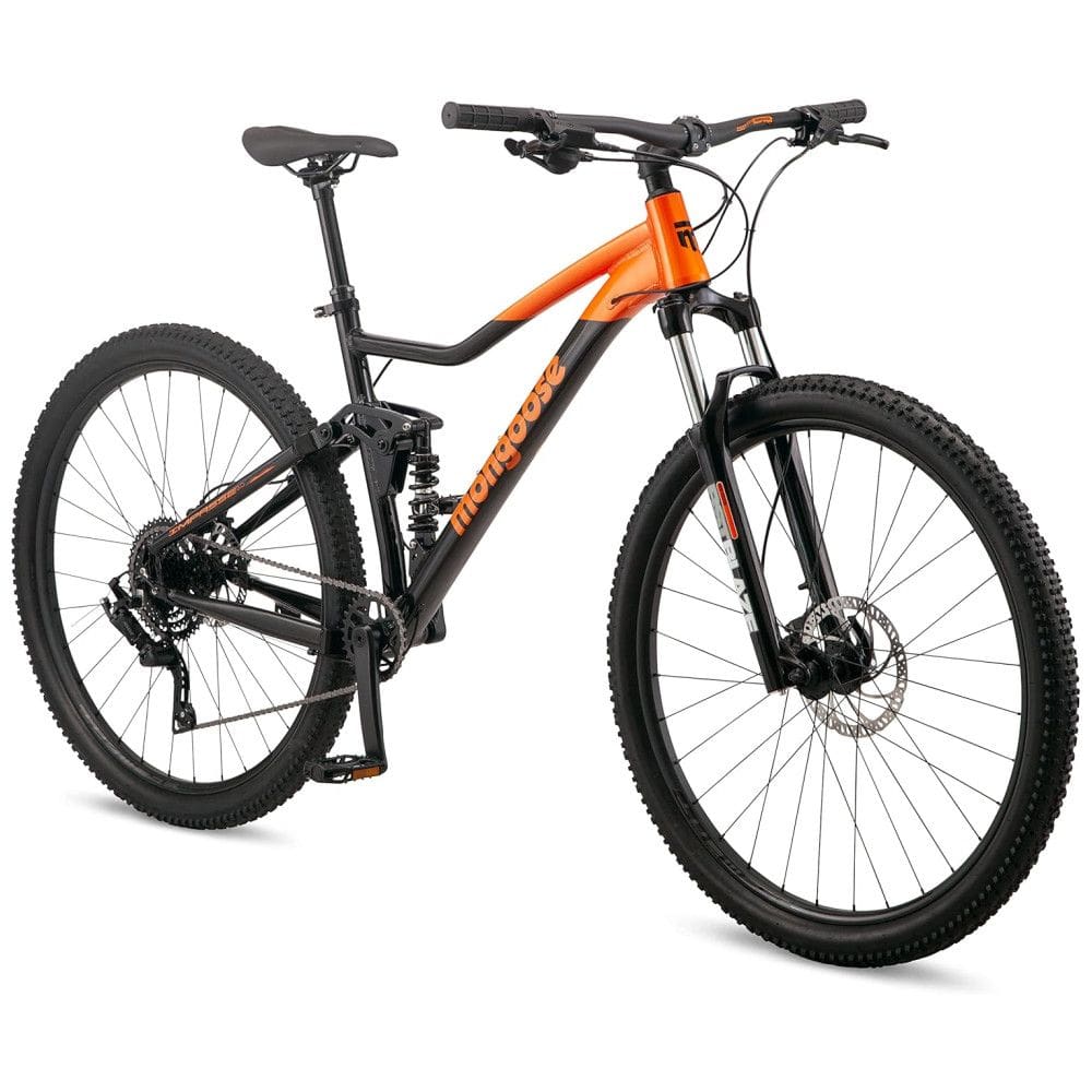 Bicicleta Mountain Bike Mongoose Impasse 1.0 – Aro 27,5?, 7 Velocidades, Suspensão Completa, Freios a Disco, Cor Laranja