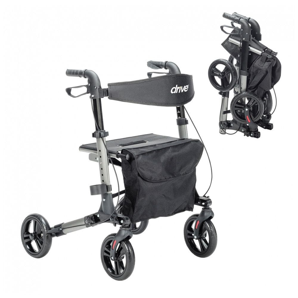 Andador Dobrável Compacto Drive Medical Cinza 4 Rodas 20 cm Assento Freios Alumínio 136 kg Capacidade