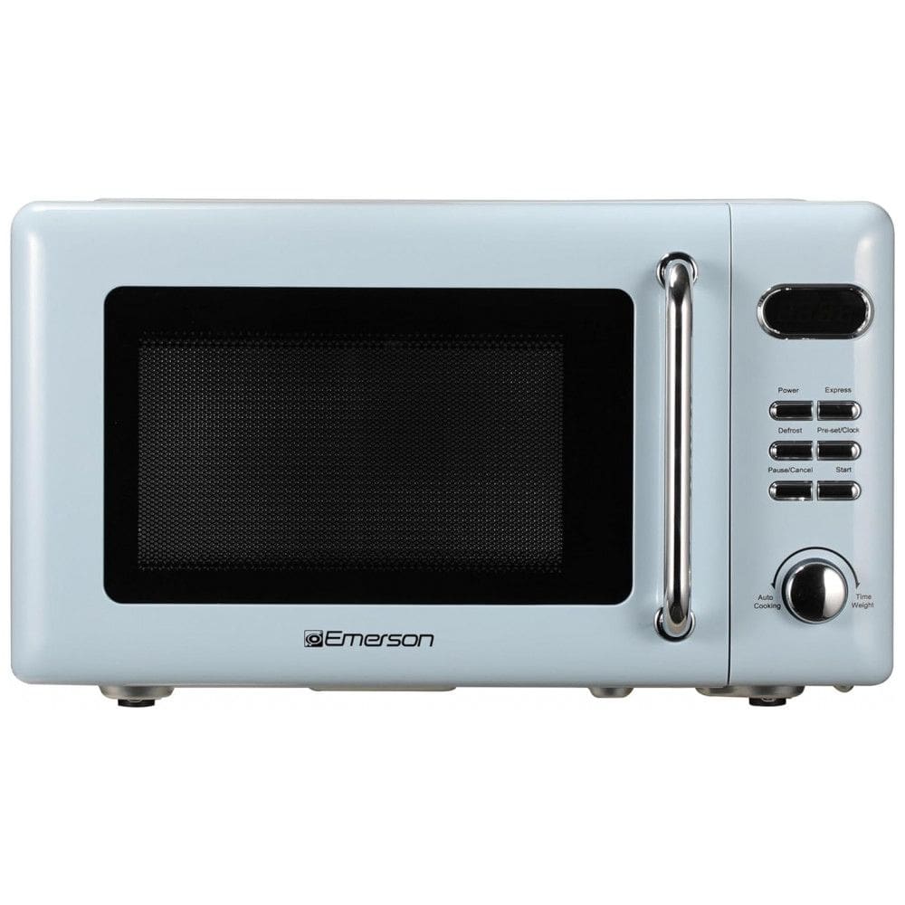 Forno Micro-ondas Retrô de Bancada 20L Emerson Thunderbird Blue 700W 5 Níveis 8 Menus Automáticos Prato de Vidro Trava de Segurança 110V