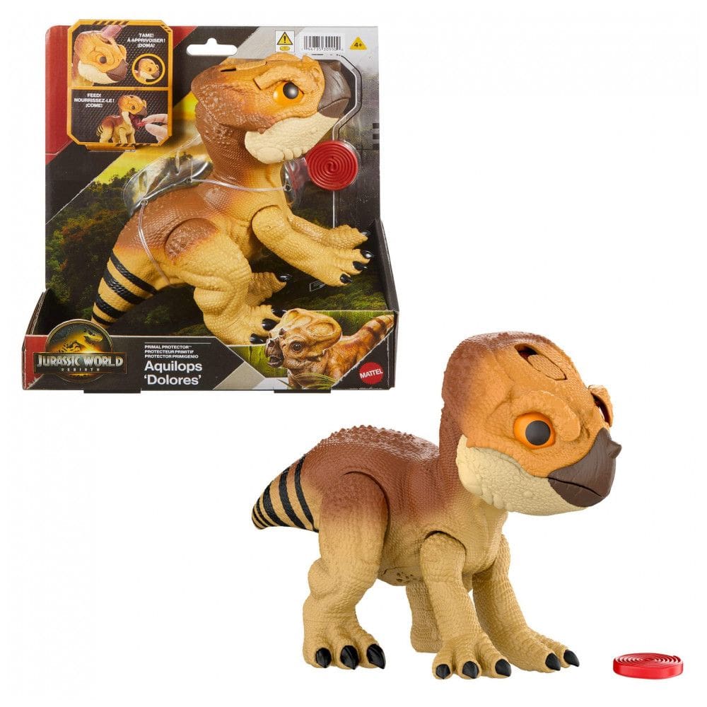 Dinossauro interativo Aquilops Dolores Primal Protector Jurassic World Rebirth Mattel Multicolorido com som e ação de ataque