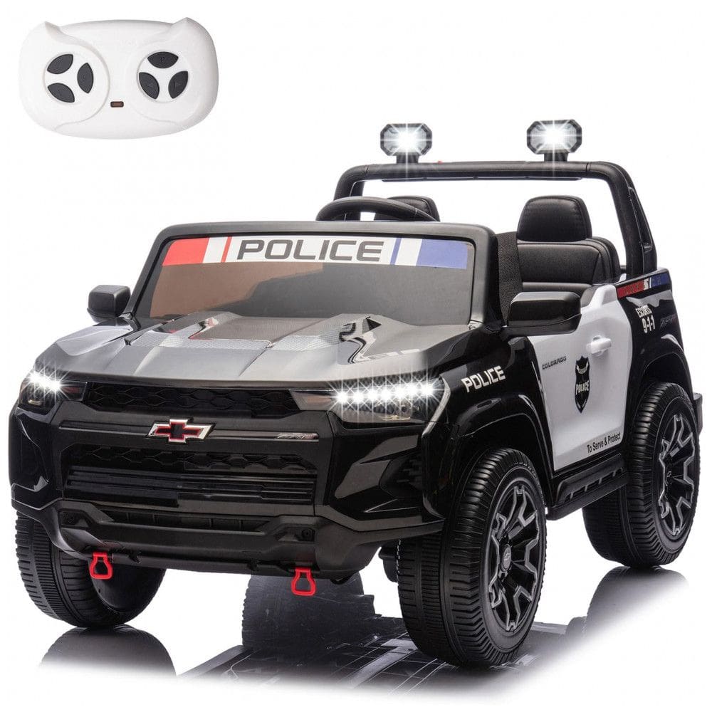 Carro de Polícia Elétrico Infantil Chevrolet Colorado Licenciado 24V, 2 Lugares, 4WD, Controle Remoto, Música, Alarme, Megafone, Preto