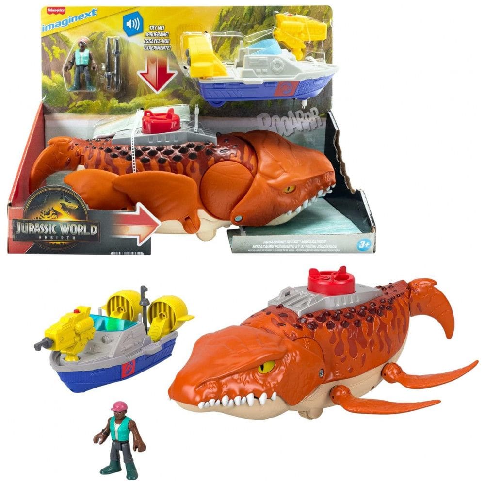 Playset dinossauro Fisher-Price Imaginext Jurassic World Rebirth Aquachomp Chase Mosasaurus 46 cm com som, movimento, barco e figura de ação