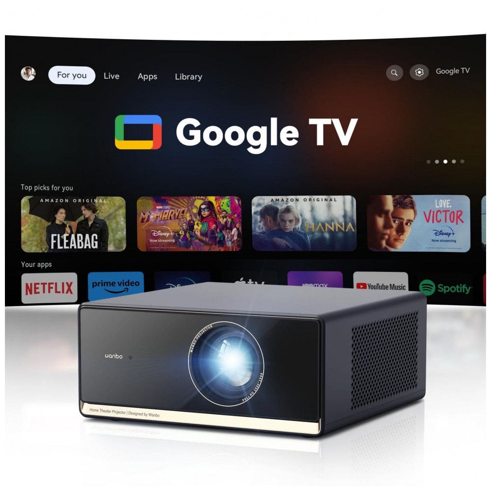 Projetor Wanbo X5 Pro Google TV 4K com 1100 ANSI Lumens, WiFi e Bluetooth, Projetor Inteligente para Casa ao Ar Livre, Foco Automático