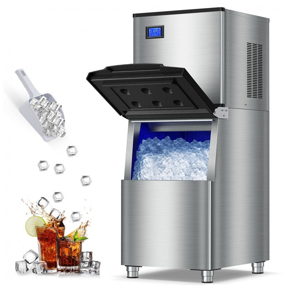 Máquina de Gelo Comercial RAPSUAR Aço Inox 208 kg/24h Bin 163 kg 156 Cubos 5-10 Min Autolimpeza LCD Touch 110V