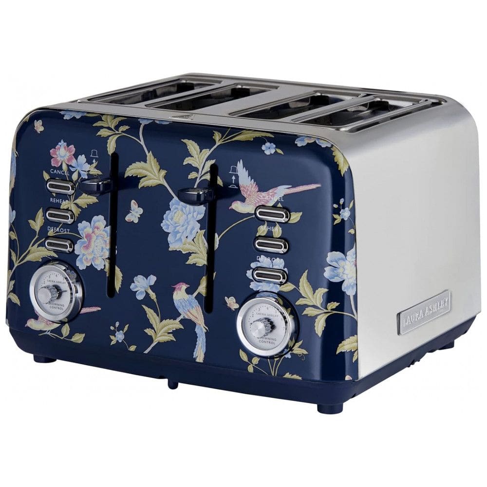 Torradeira 4 Fatias em Aço Inox Laura Ashley Azul Marinho com estampa floral Elveden, Slots Largos, 7 Níveis, Funções Descongelar
