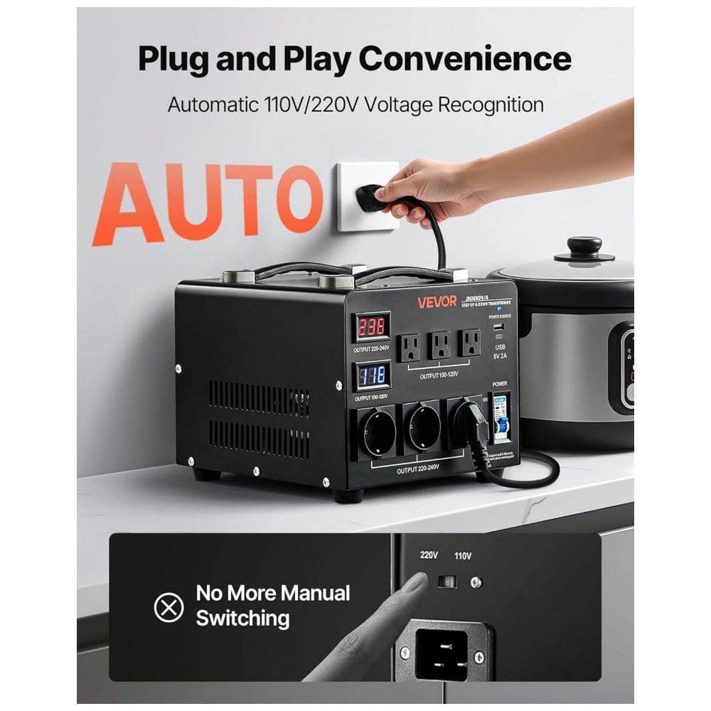 Transformador (Conversor)de Voltagem Automático VEVOR 3000VA Elevação/Redução 110V para 220V/220V para 110V 3 US 3 EU LCD Disjuntor
