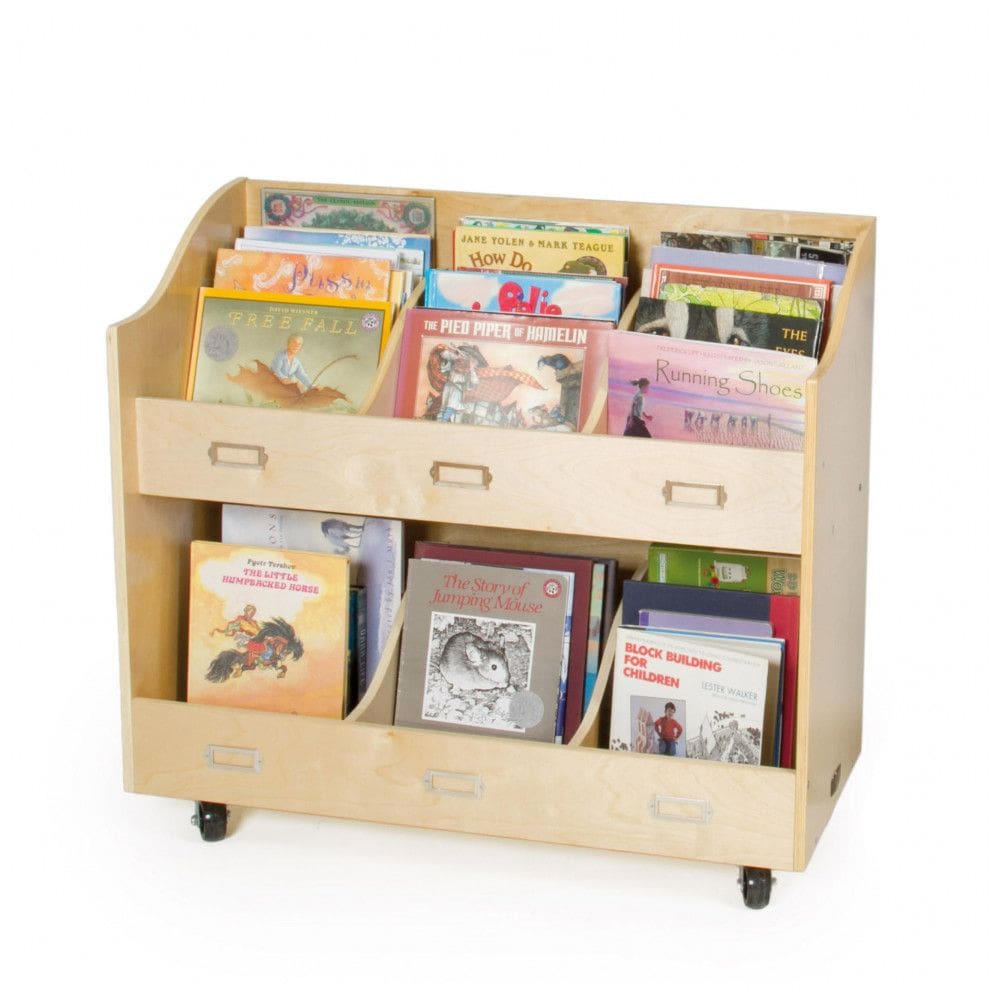 Carrinho organizador de livros Guidecraft Mobile Book Organizer Natural em madeira bétula com rodízios e 3 prateleiras
