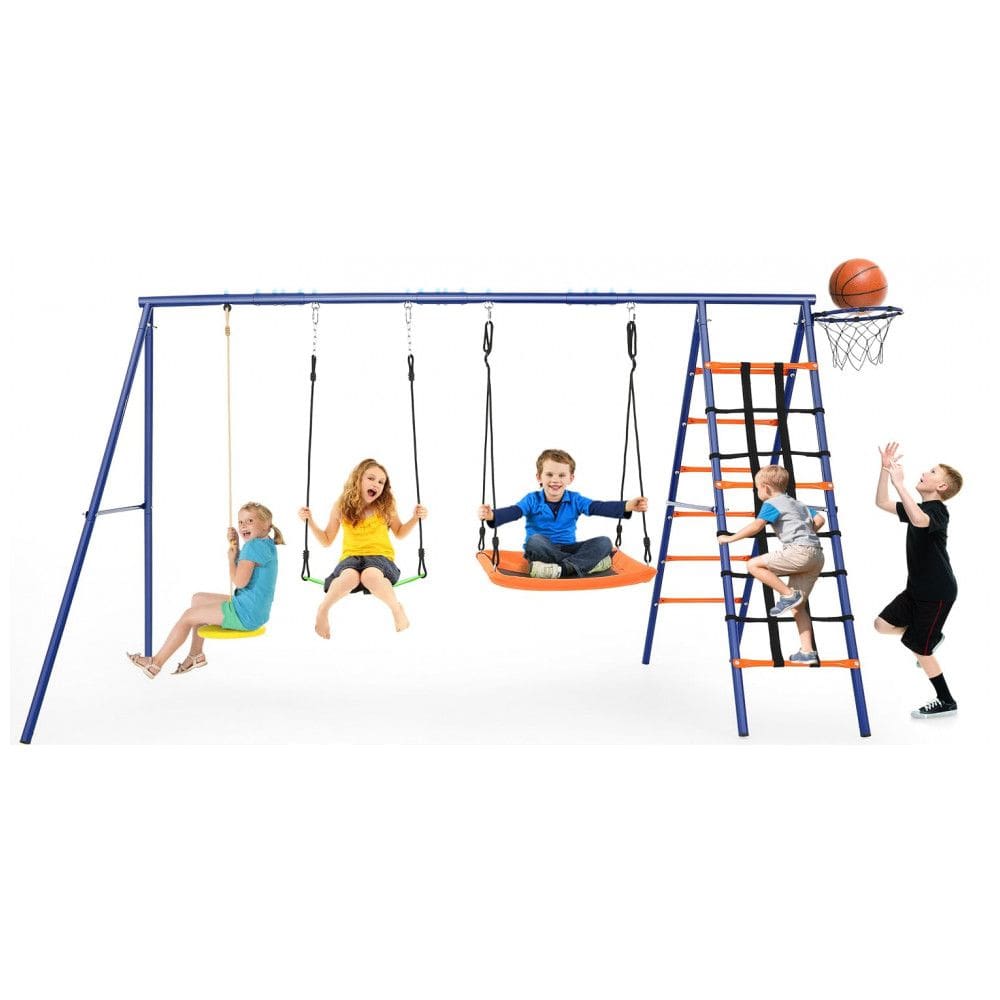 Balanço Infantil 6 em 1 SIHANM Multijogos Colorido Metal Reforçado com 3 Assentos Ajustáveis, Escada, Rede, Cesta de Basquete