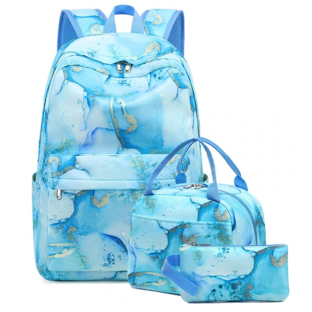 Mochila escolar Bluboon juvenil feminina mármore azul com dourado, conjunto 3 peças com lancheira térmica e estojo, para notebook 35,5 cm