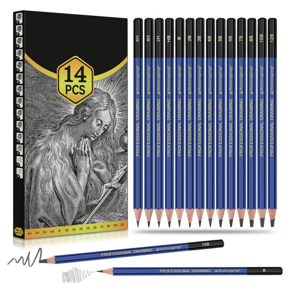 Kit de lápis grafite 14 peças Daerthotk 12B a 6H para desenho, esboço e sombreamento com corpo triangular ergonômico