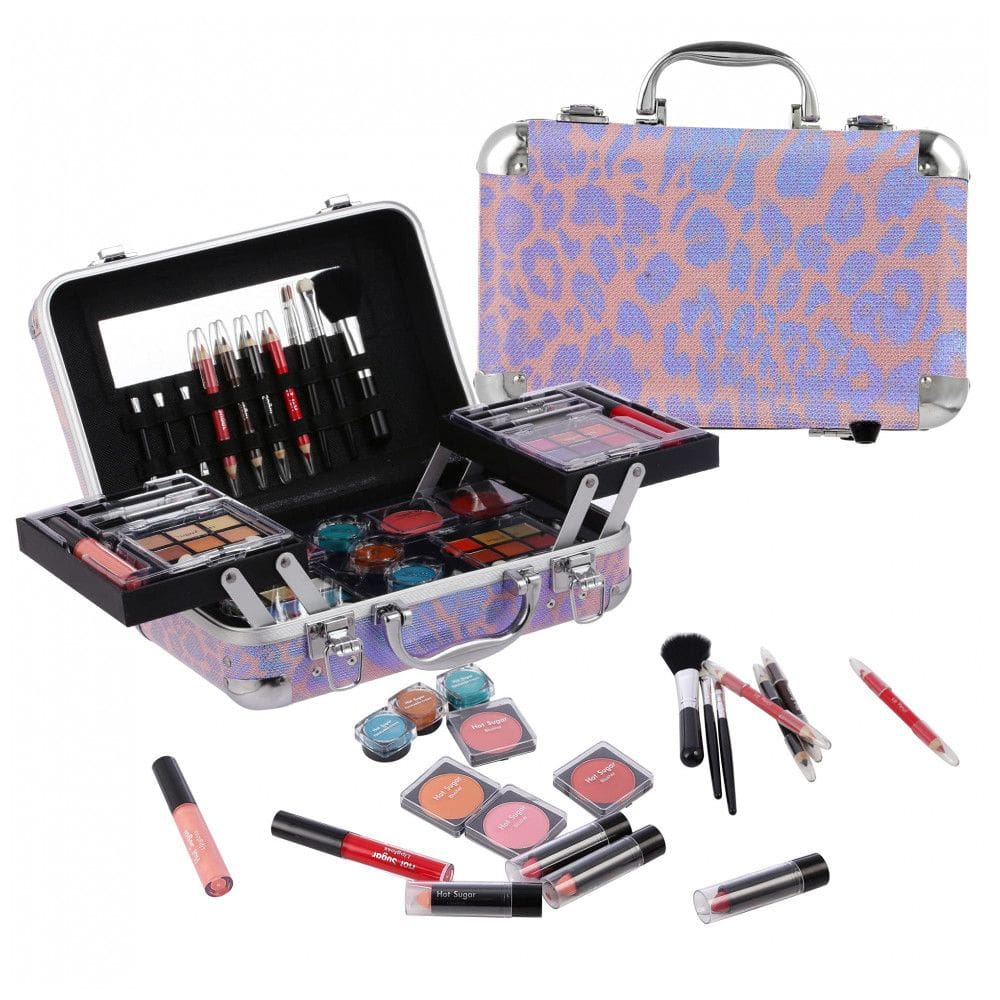 Kit Completo de Maquiagem Hot Sugar Leopardo Rosa para Iniciantes 27 Sombras 4 Blushes 4 Batons Estojo com Espelho