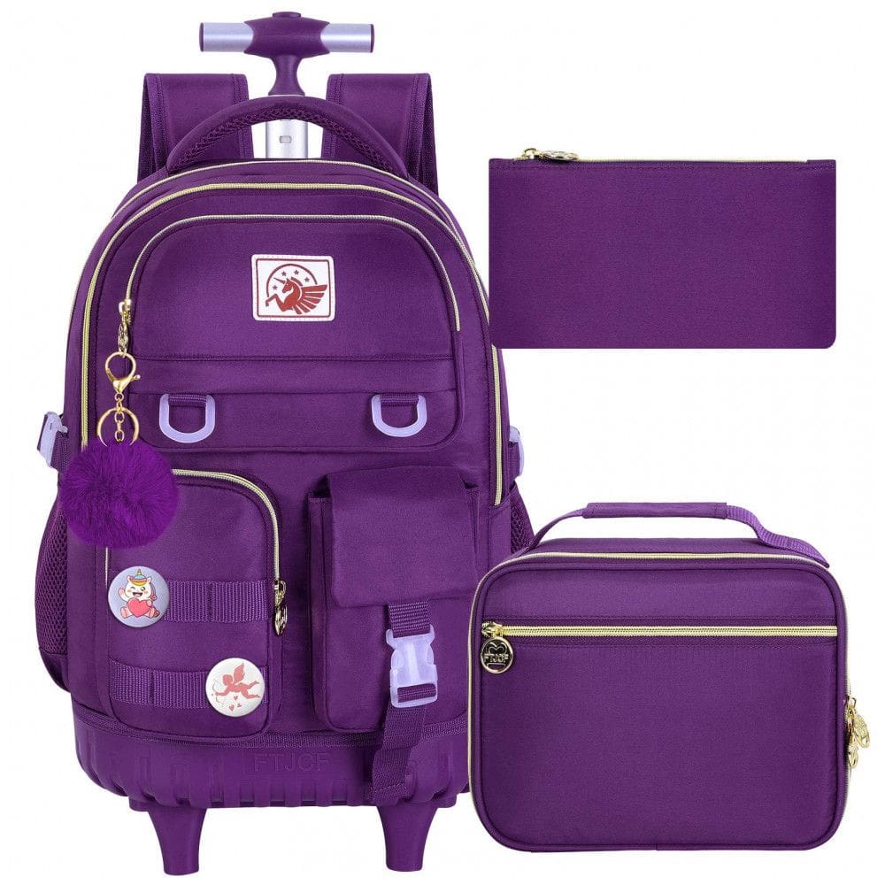 Mochila escolar CCJPX com rodinhas roxa, conjunto 3 peças com lancheira e estojo, resistente à água