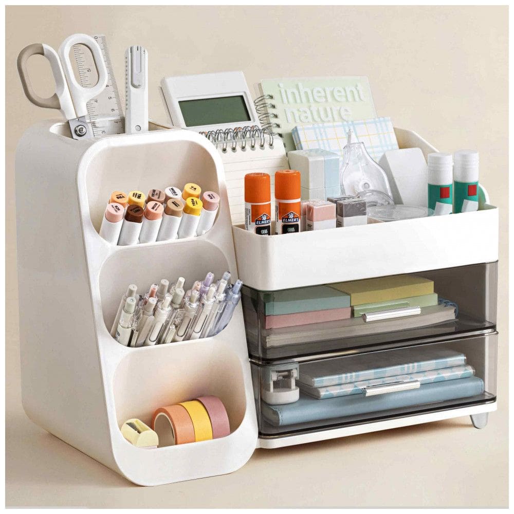 Organizador de mesa HBlife branco com porta-canetas, 4 compartimentos superiores e 2 gavetas para escritório, casa e escola