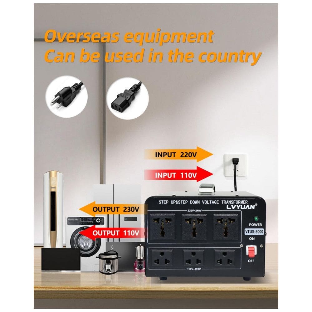 Transformador Conversor de Voltagem LVYUAN 5000W Preto Step Up/Down 110-120V/220-240V com 3 Tomadas US e 3 Universais