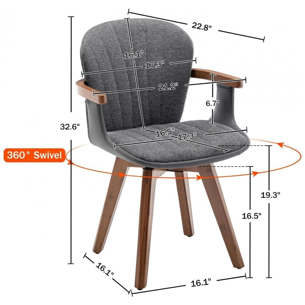 Cadeira giratória LUNLING cinza em tecido e couro sintético com braços e pés em bambu para sala de jantar e escritório