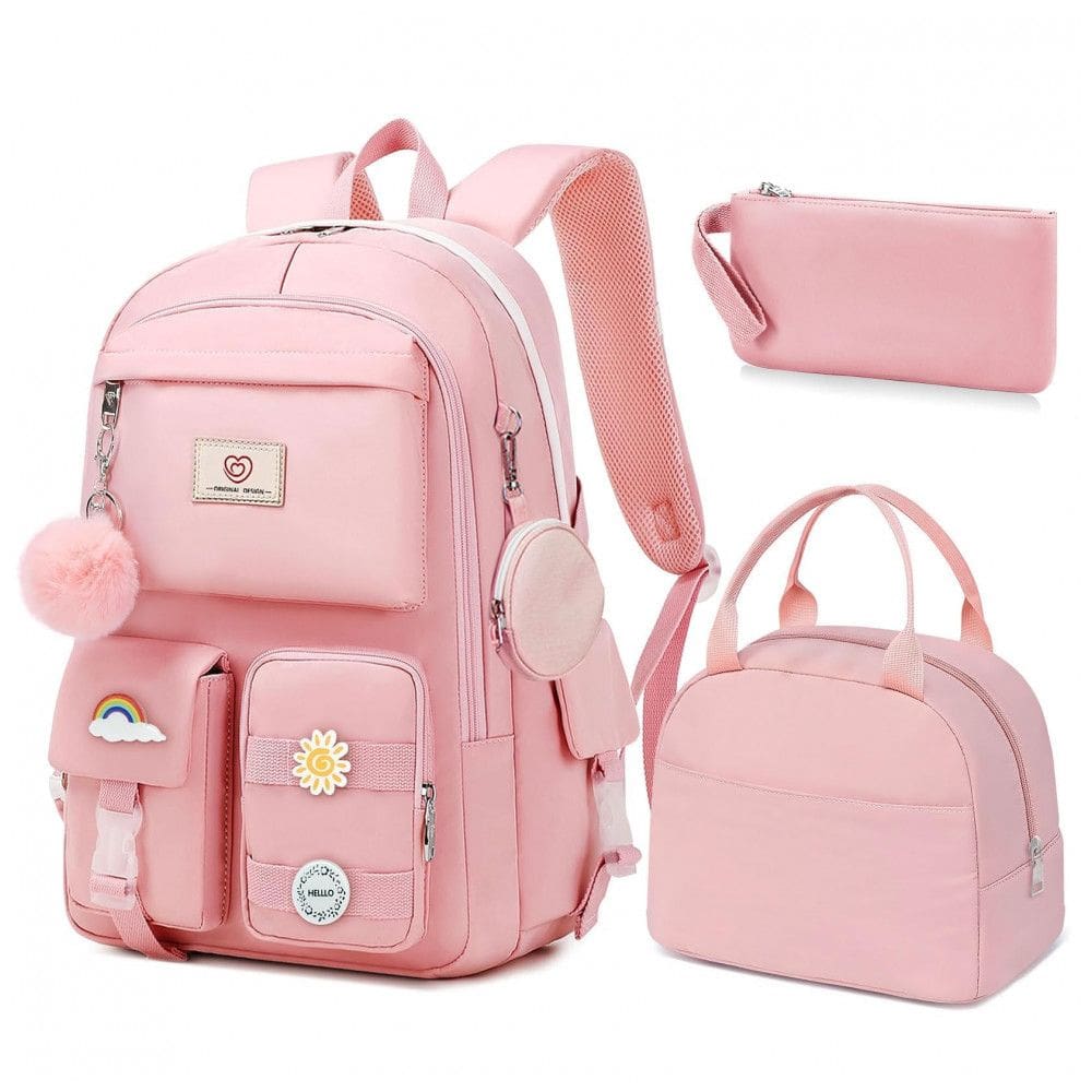 Mochila escolar Fitvc juvenil feminina, conjunto 6 peças com lancheira, estojo, bolsa de moeda e pins decorativos