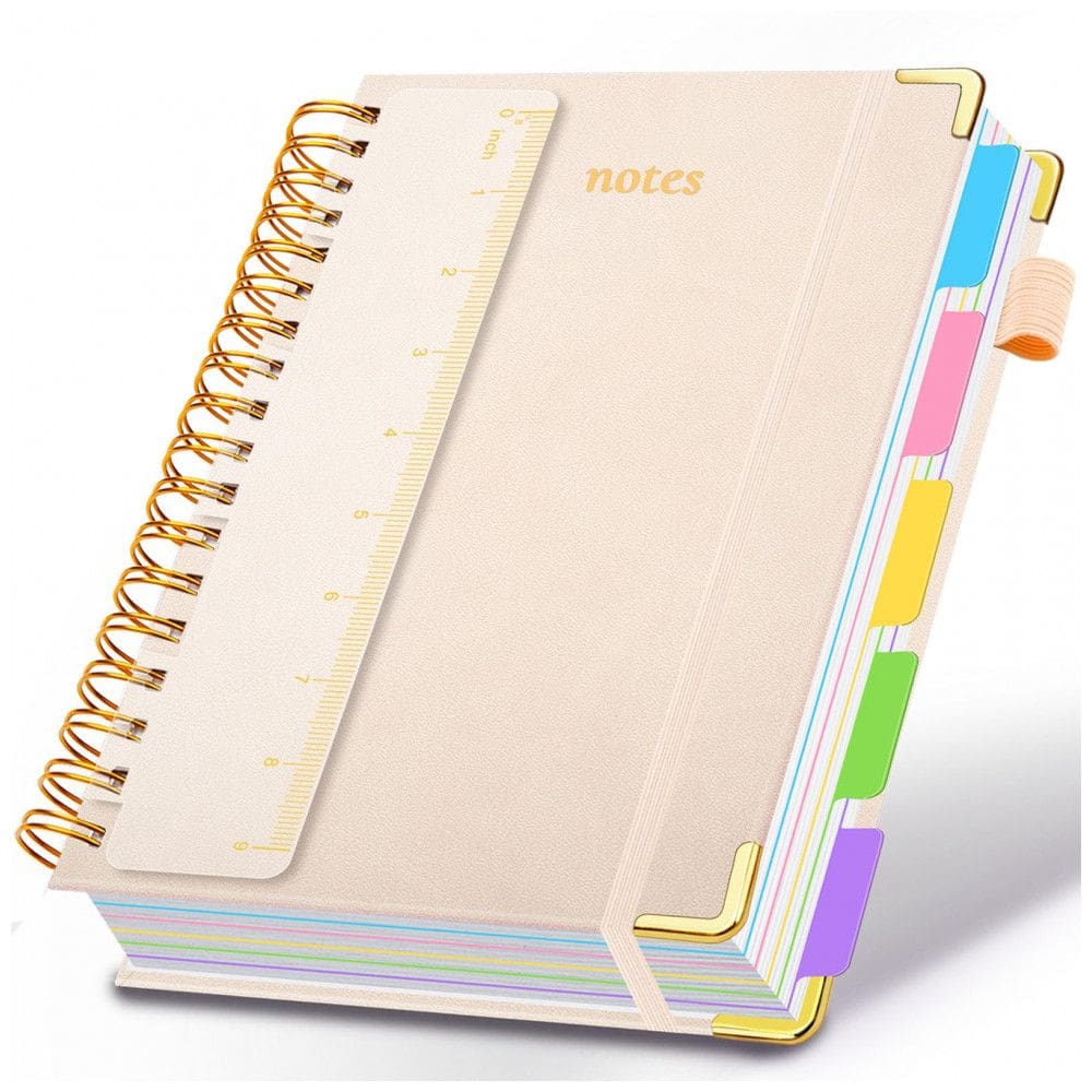 Caderno universitário espiral capa dura GDGDSY B5 8x10, 5 matérias, 300 páginas pautadas, divisórias removíveis, capa couro sintético branco