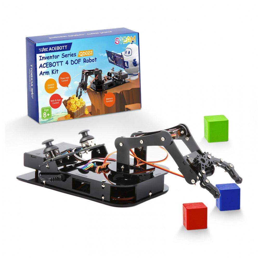 Kit Braço Robótico 4DOF ACEBOTT STEM com Controle por Joystick e Web App, Compatível com Arduino e ESP32, Para Crianças e Adultos