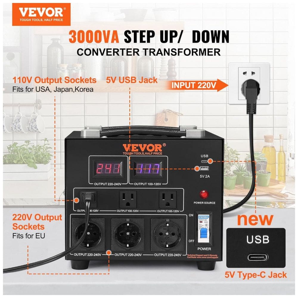 Transformador (Conversor) de Voltagem VEVOR 3000W Elevação/Redução 110V para 220V/220V para 110V 3 US 3 EU USB Type-C 2 LED CE ETL FCC
