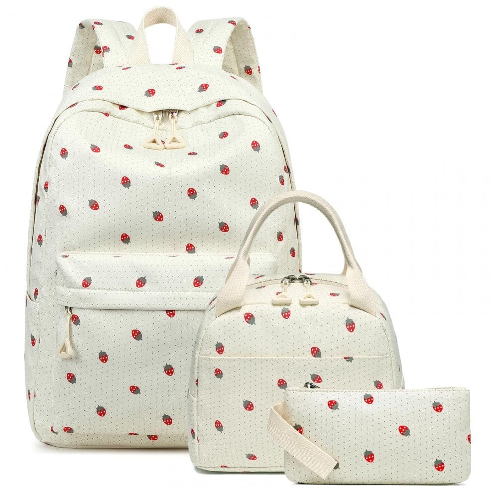 Mochila escolar Bluboon juvenil feminina bege com estampa de morangos, conjunto 3 peças com lancheira térmica e estojo, para notebook 35