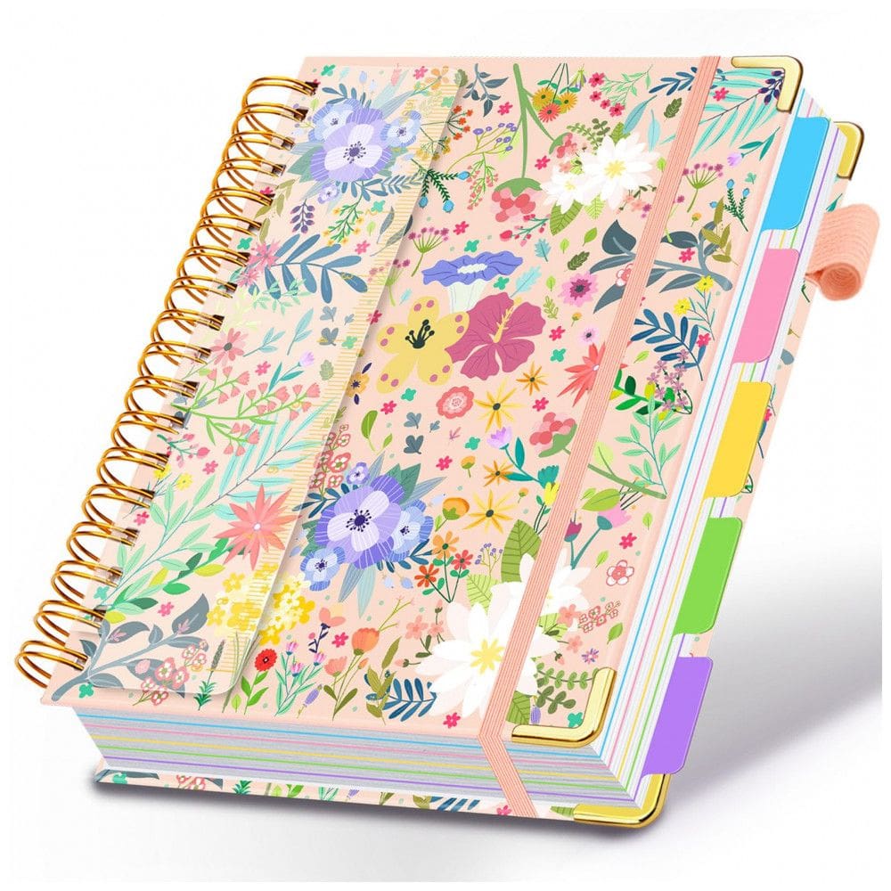 Caderno universitário espiral HDhuiun 8x10, 5 matérias, 300 páginas pautadas, divisórias com bolsos e abas, capa floral bege