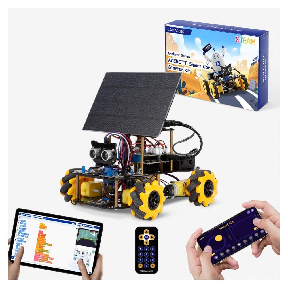 Kit STEM robô carro solar 4WD ACEBOTT QD038 amarelo com rodas mecanum controle por app compatível Arduino e Scratch