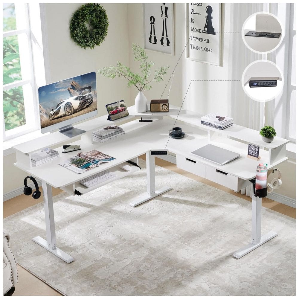 Mesa Gamer em L RedLemon 152 cm Ajustável em Altura com Gavetas, Bandeja de Teclado, Tomadas Elétricas e Luzes LED, Prateleira para Monitor