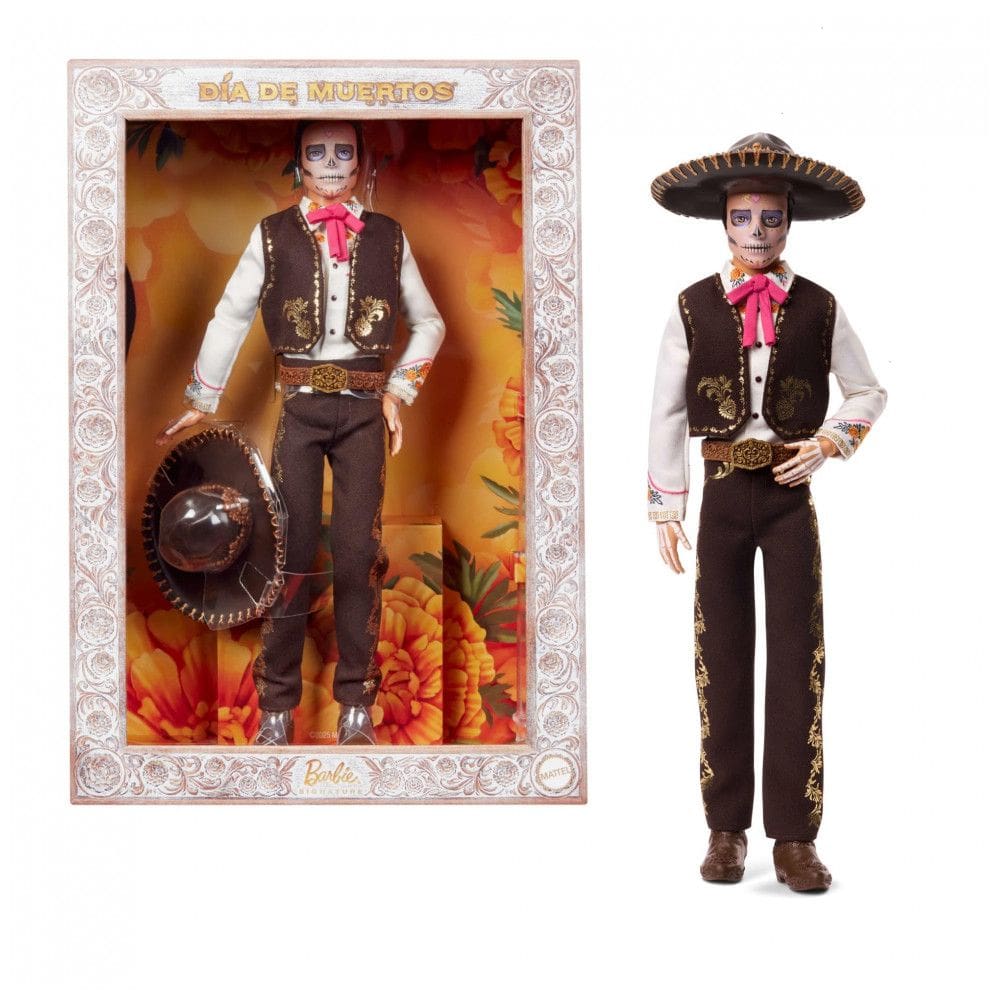 Boneco Barbie Signature Ken Dia De Muertos 2025 com traje preto e detalhes de cempasúchil dourado