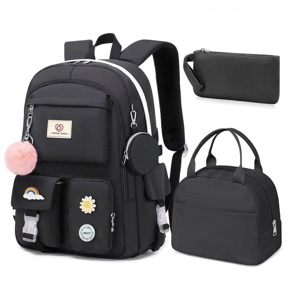 Mochila escolar Fitvc juvenil feminina preta, conjunto 6 peças com lancheira, estojo, bolsa de moeda e pins decorativos