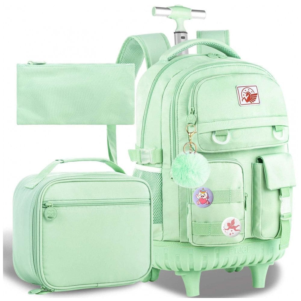Mochila escolar CCJPX com rodinhas verde, conjunto 3 peças com lancheira e estojo, resistente à água