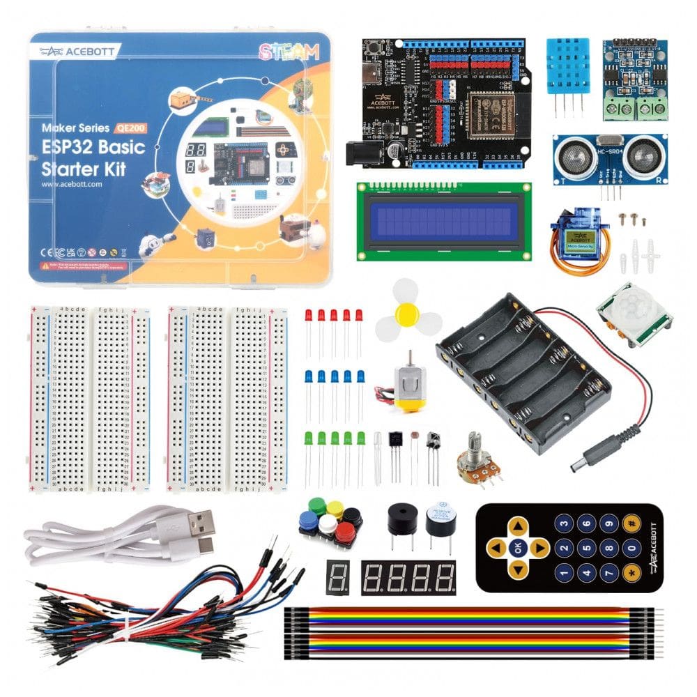 Kit inicial ACEBOTT QE200 ESP32 com 96 itens eletrônicos compatível Arduino e Scratch com placa ESP32 Max V1.0